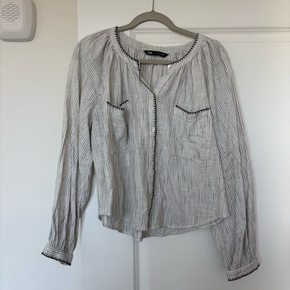 Zara Striped Blouse with Black Whipstitch Trim